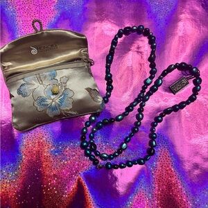 Honora Silk Pouch with Blue and Black Beaded Necklace